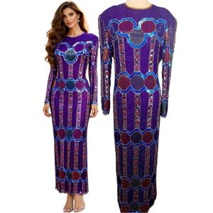 Vintage Y2K Silk Sequin Beaded Evening Formal Maxi Party Prom Art Deco Dress